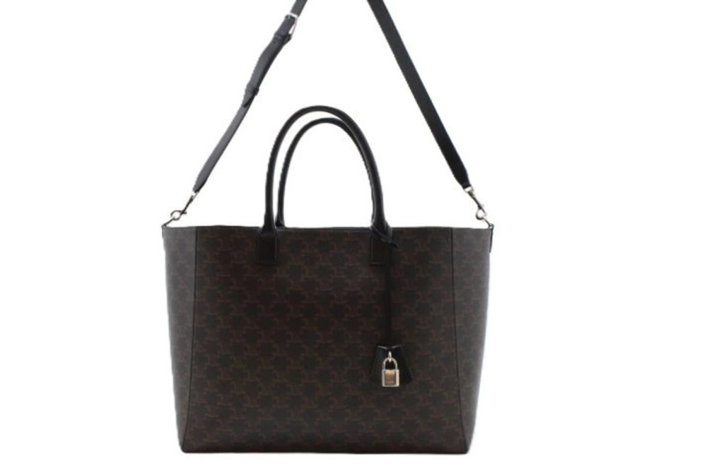 Celine Triomphe Cabas Tote Bag Leather Canvas Dark Black Brown